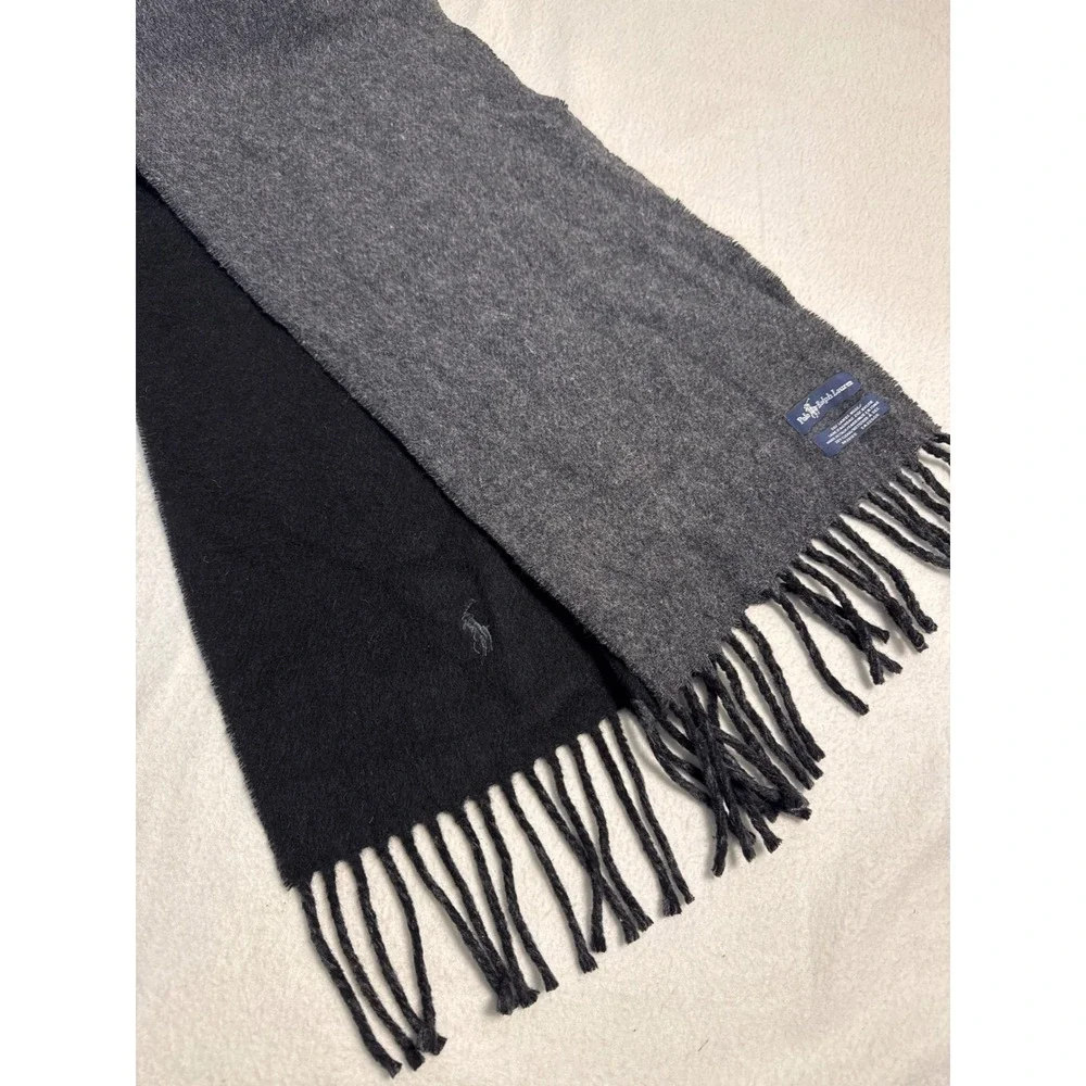 Polo Ralph Lauren Scarf Mens OS Black Gray Lambswool Reversible Made in Italy
